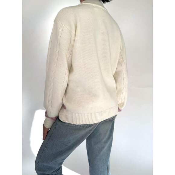 80s vintage cream floral embroidered grandma mock neck cable knit sweater - Picture 3 of 7